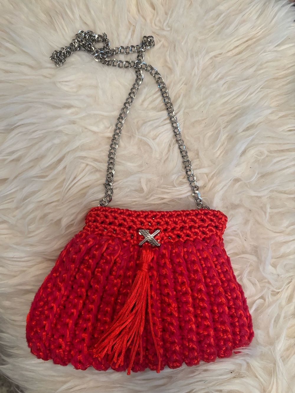 Stunning Vintage Palmoma Picasso Red Crochet Tassel Shoulder Bag with Chain